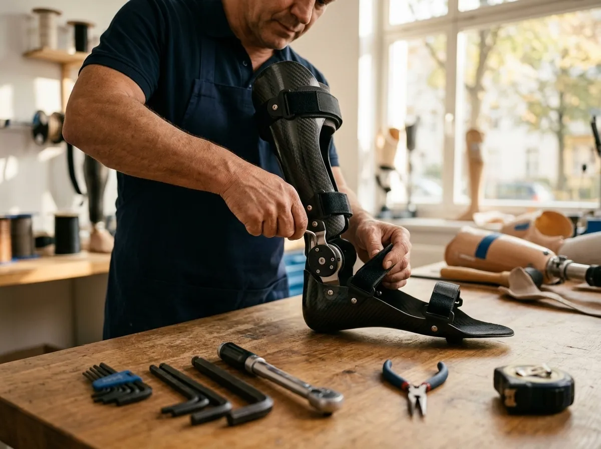 Orthopädietechniker passt in der Werkstatt eine Beinorthese aus Carbon an, Werkzeuge liegen auf der Werkbank